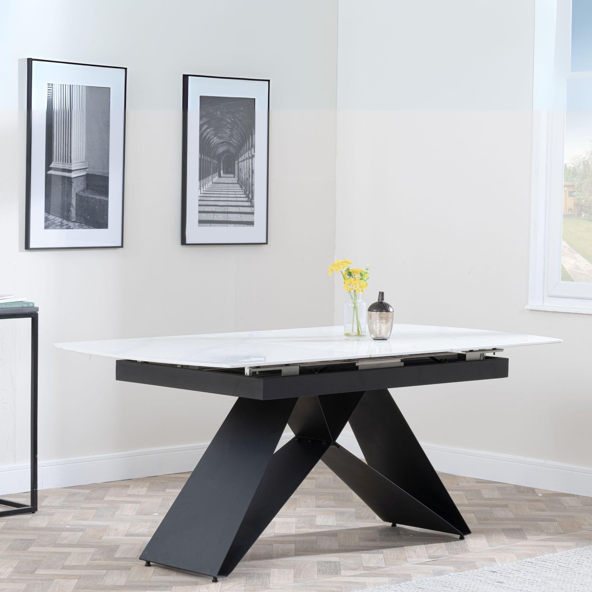 Tribeca White Sintered Stone Extending Dining Table with Black Cross Base - 140cm-180cm