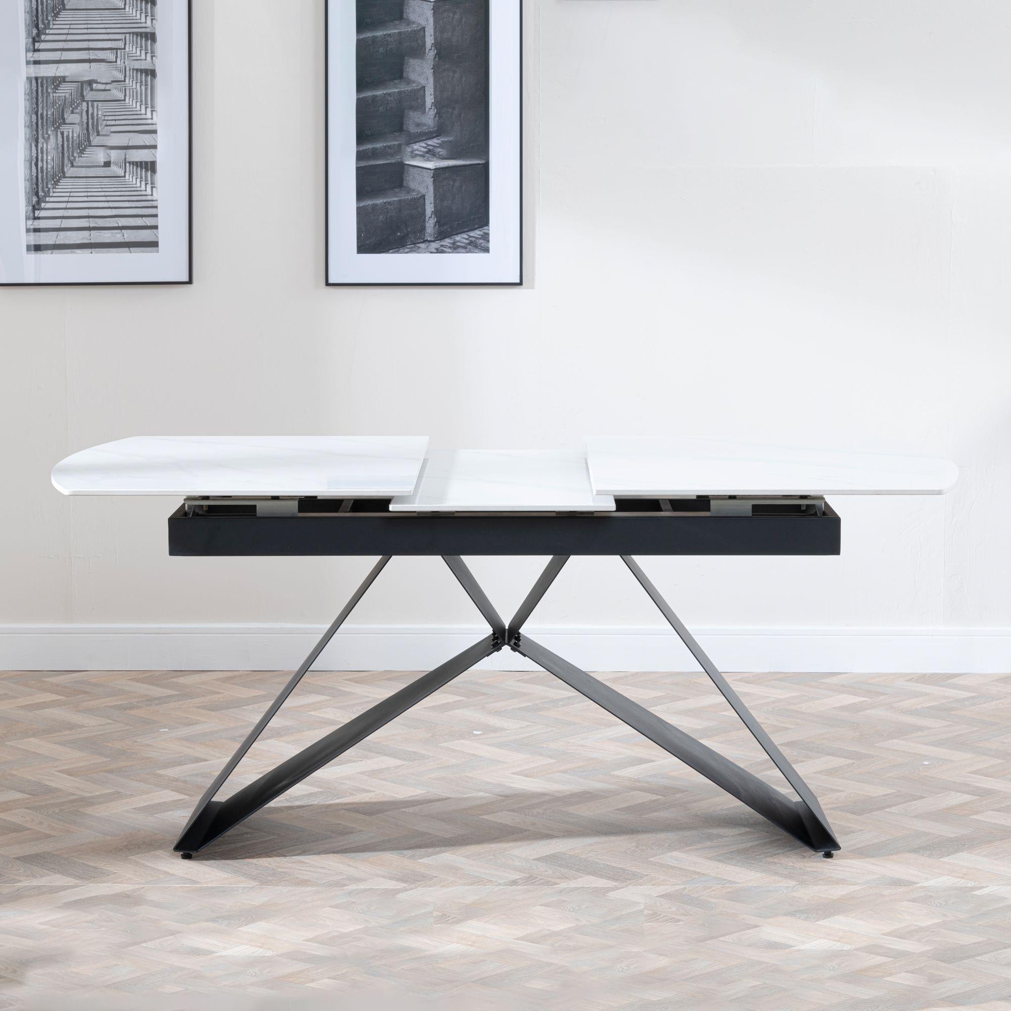 Tribeca White Sintered Stone Extending Dining Table with Black Cross Base - 140cm-180cm
