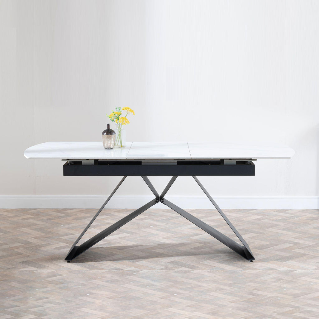 Tribeca White Sintered Stone Extending Dining Table with Black Cross Base - 140cm-180cm