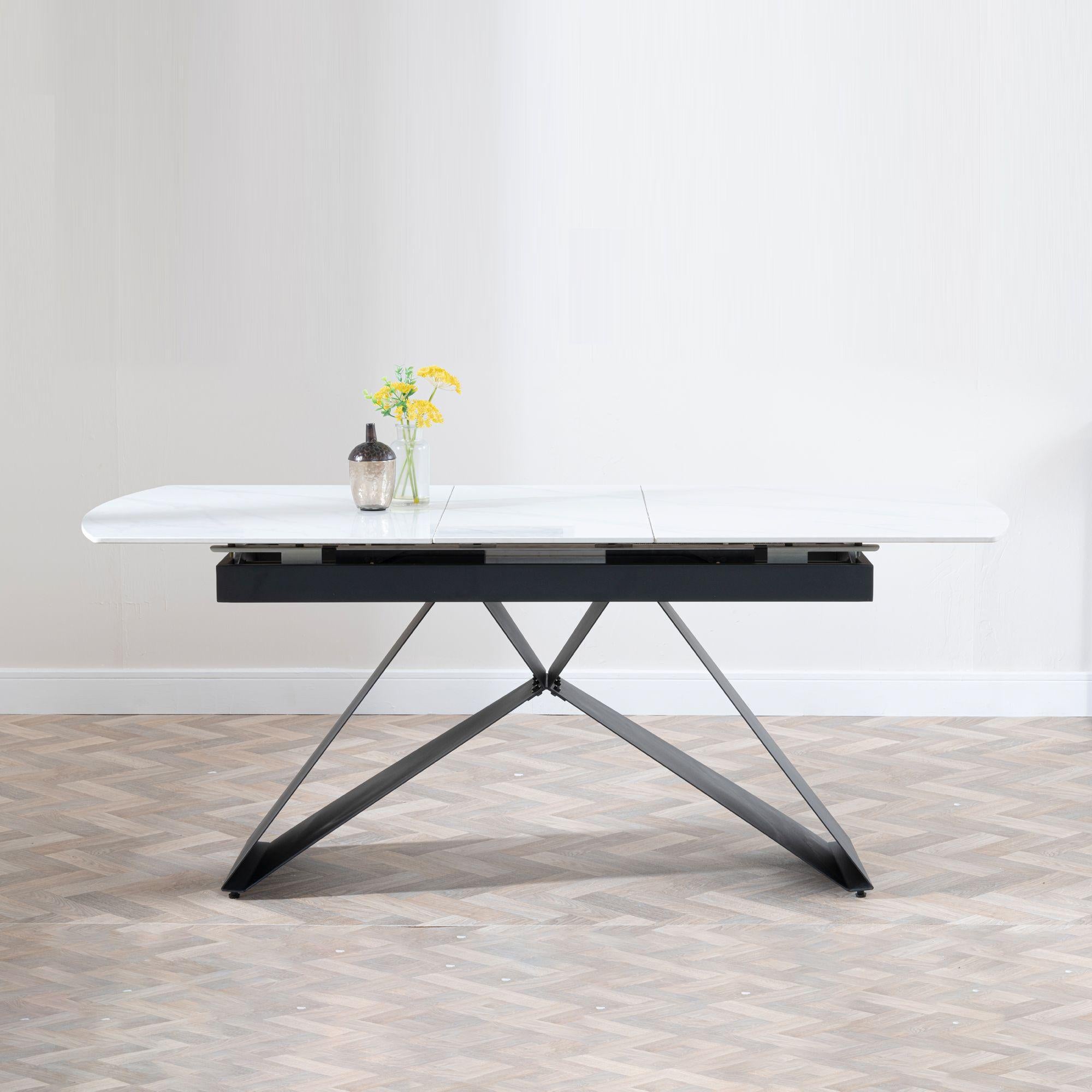 Tribeca White Sintered Stone Extending Dining Table with Black Cross Base - 140cm-180cm