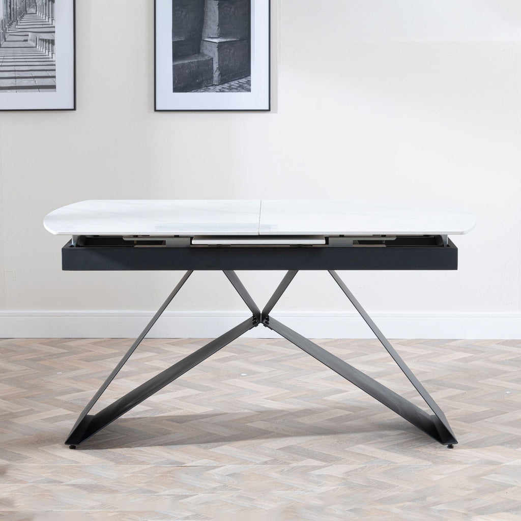 Tribeca White Sintered Stone Extending Dining Table with Black Cross Base - 140cm-180cm