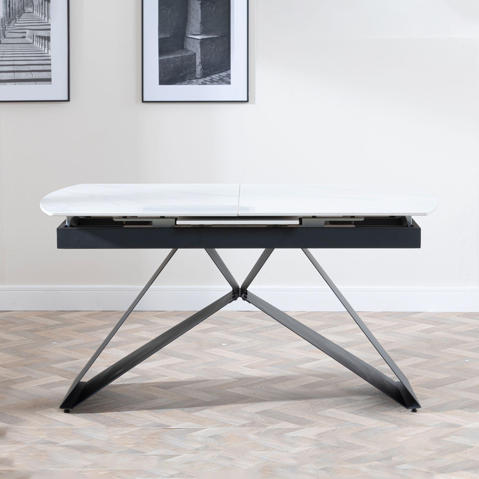 Tribeca White Sintered Stone Extending Dining Table with Black Cross Base - 140cm-180cm