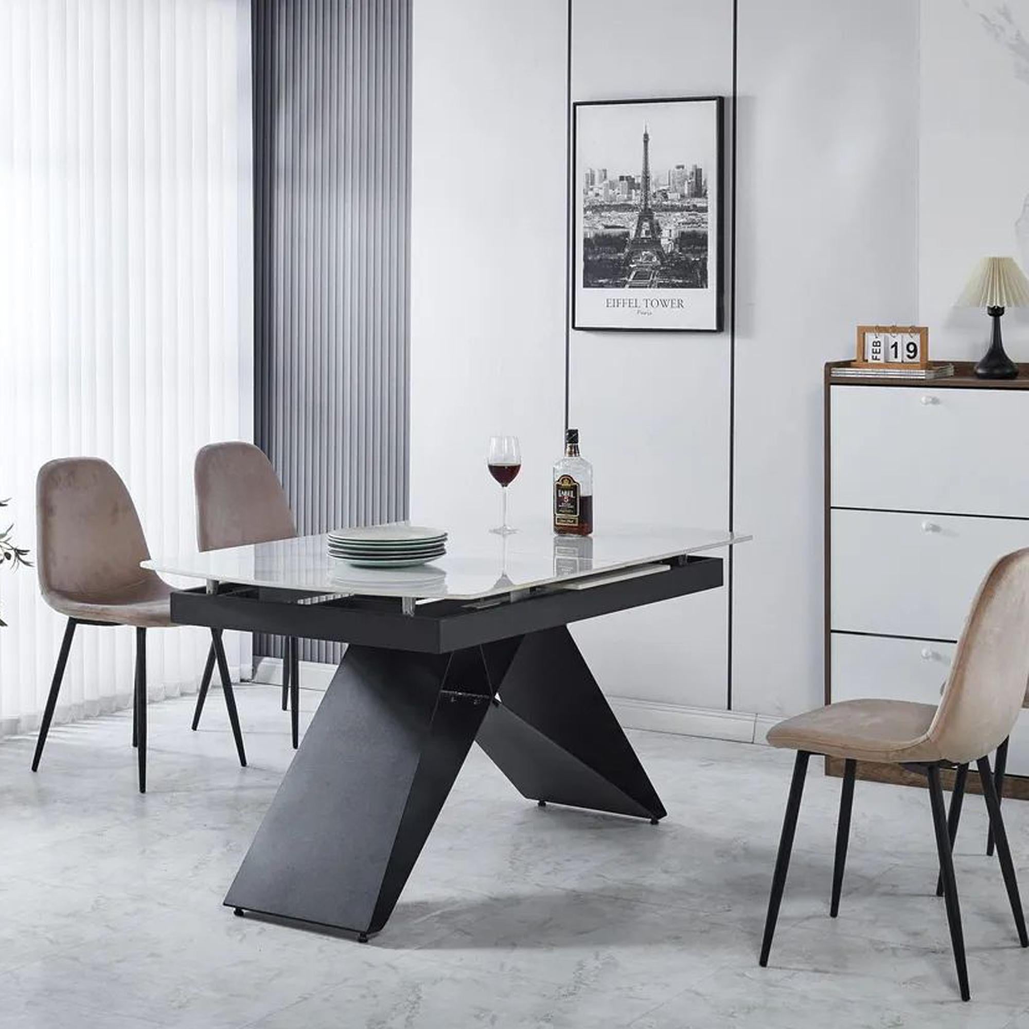 Tribeca White Sintered Stone Extending Dining Table with Black Cross Base - 140cm-180cm