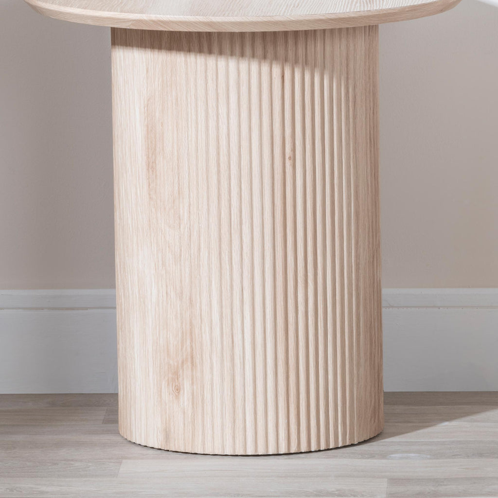 Renzo Oak Round End Table with Fluted Ribbed Drum Base