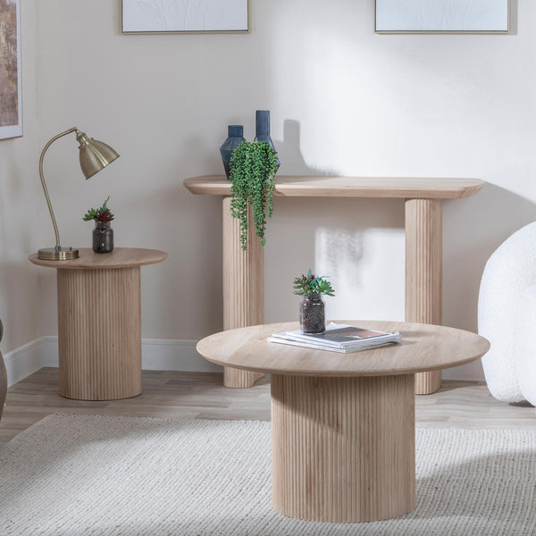Renzo Oak Round End Table with Fluted Ribbed Drum Base