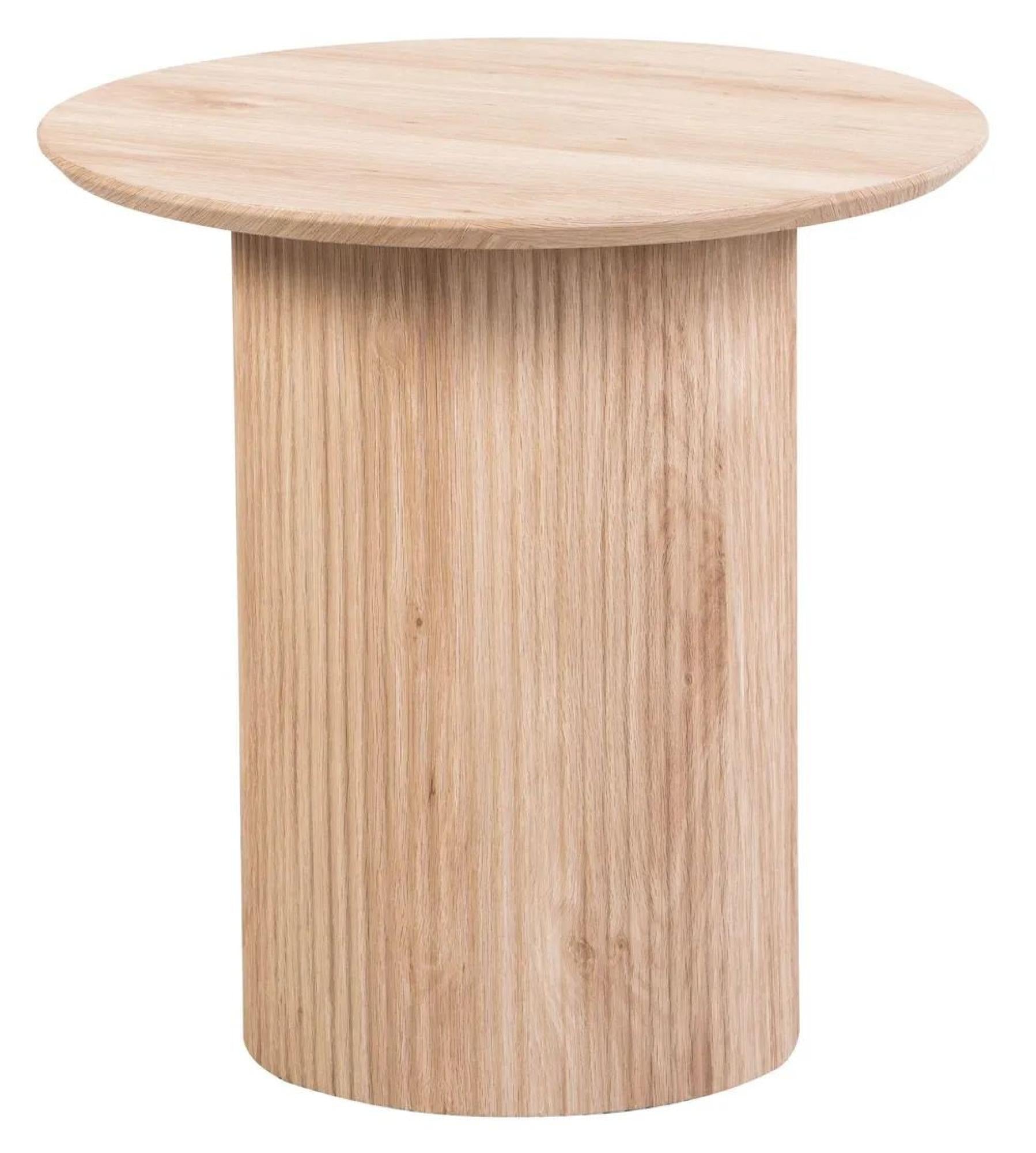 Renzo Oak Round End Table with Fluted Ribbed Drum Base