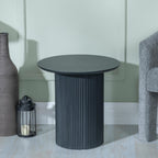 Renzo Black Round End Table with Fluted Ribbed Drum Base