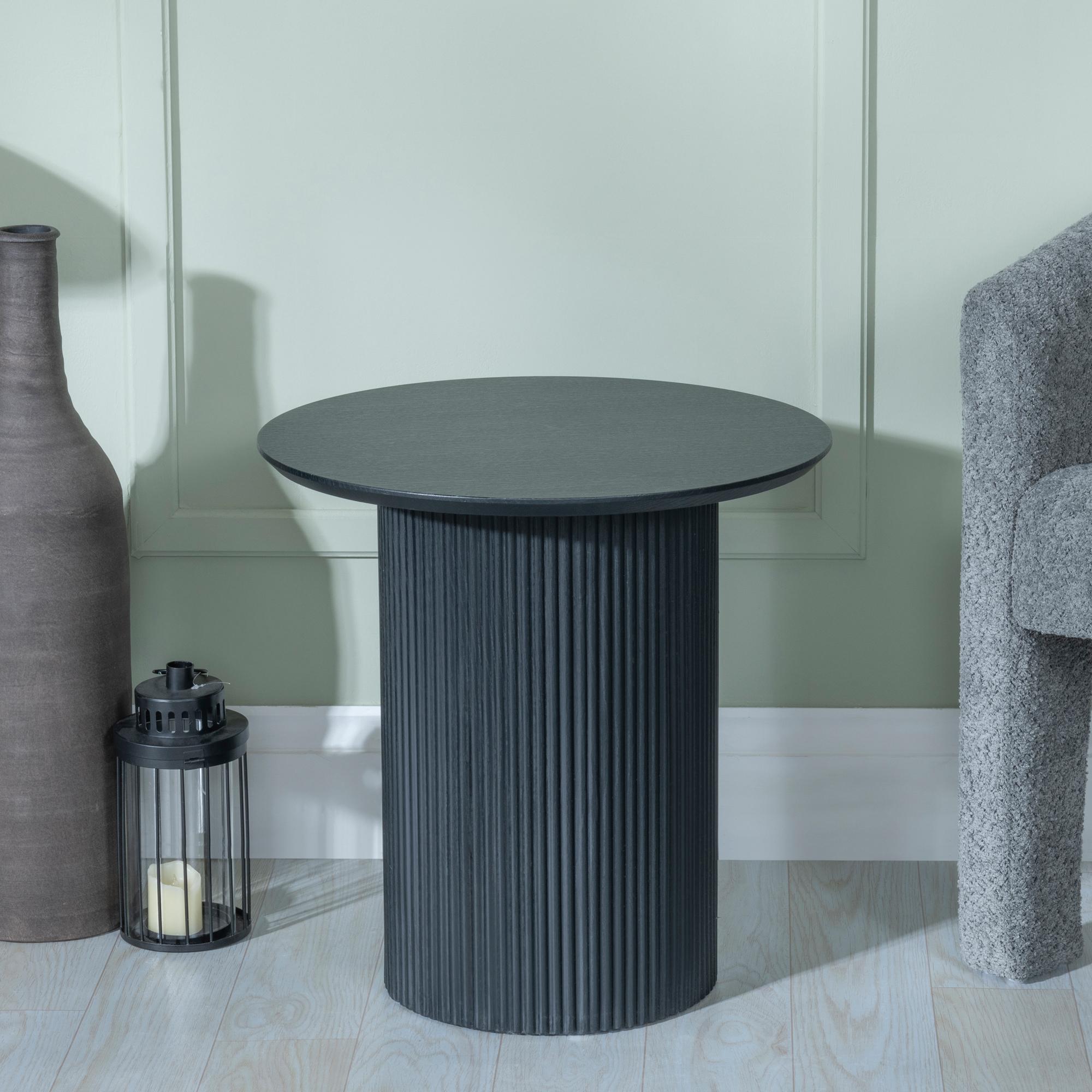 Renzo Black Round End Table with Fluted Ribbed Drum Base