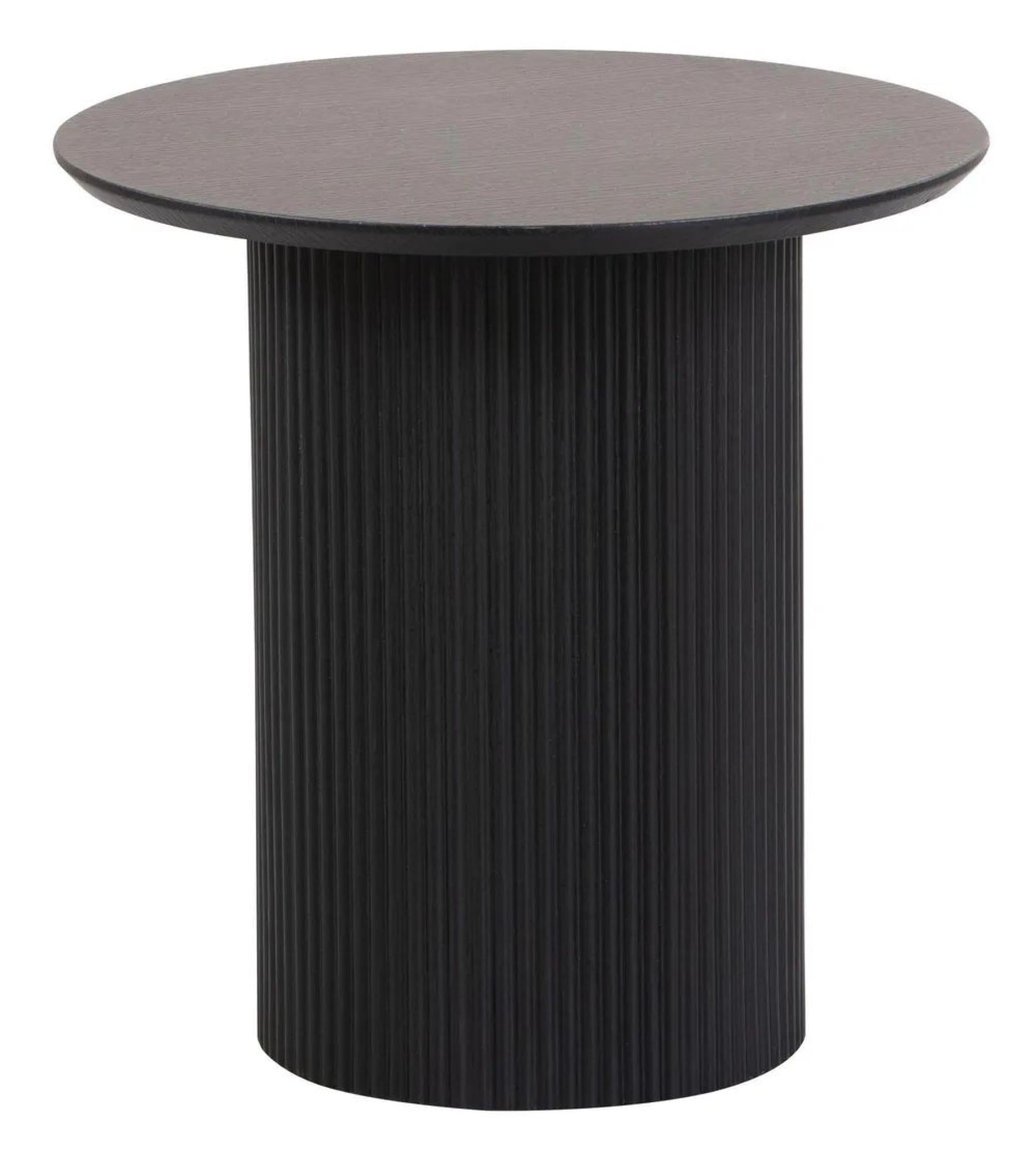 Renzo Black Round End Table with Fluted Ribbed Drum Base
