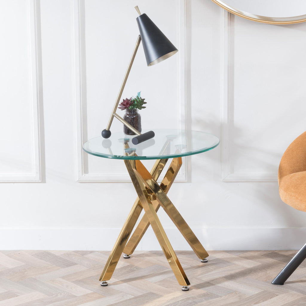 Sutton Clear Glass and Gold Round Side Table - 55cm Tempered Top
