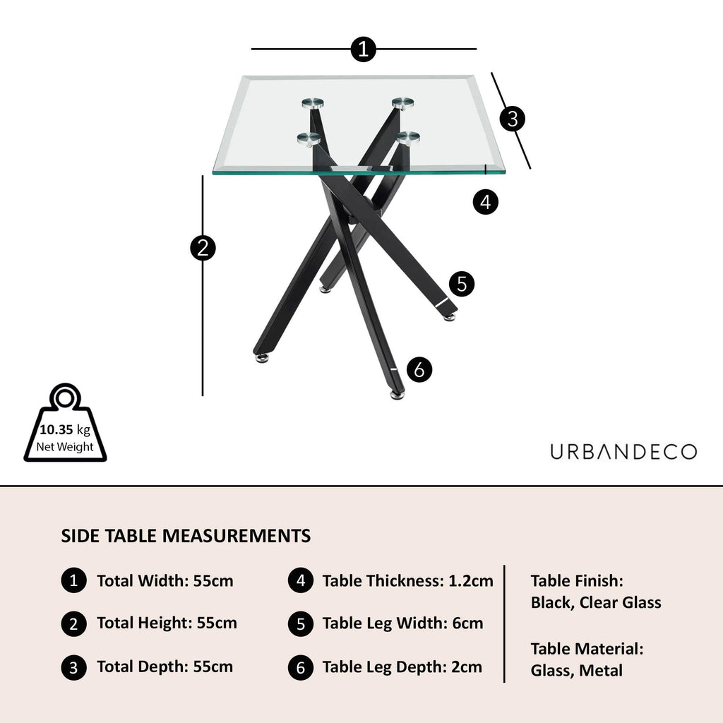 Sutton Clear Glass and Black Square Side Table - 55cm Tempered Top