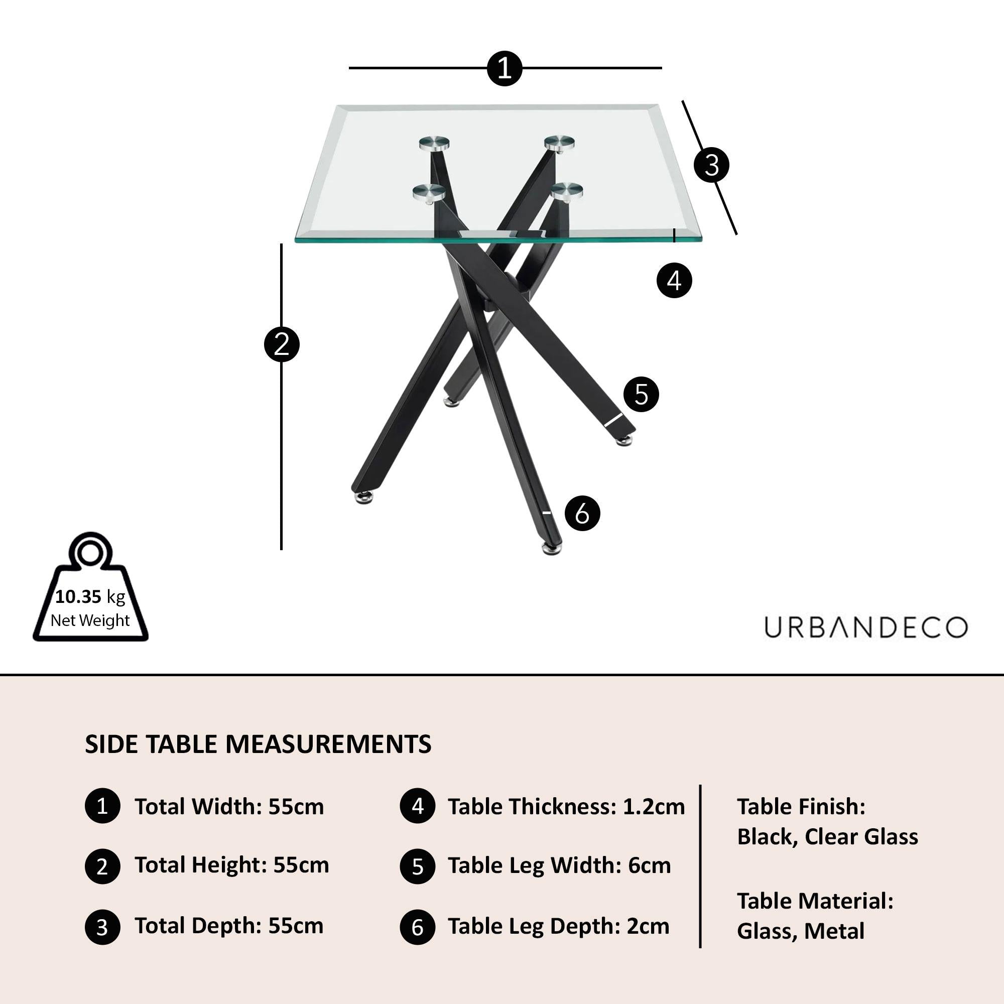 Sutton Clear Glass and Black Square Side Table - 55cm Tempered Top