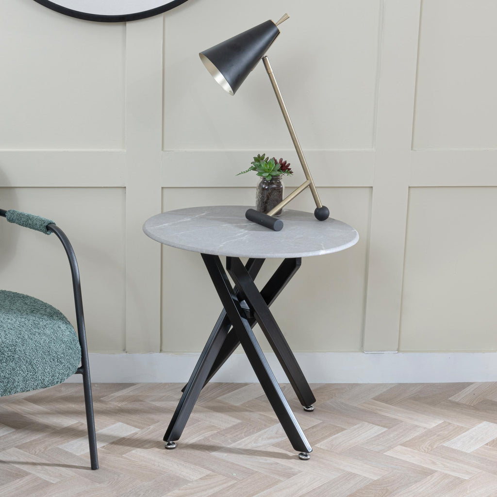 Sutton Grey Glass and Black Round Side Table - 55cm Tempered Top