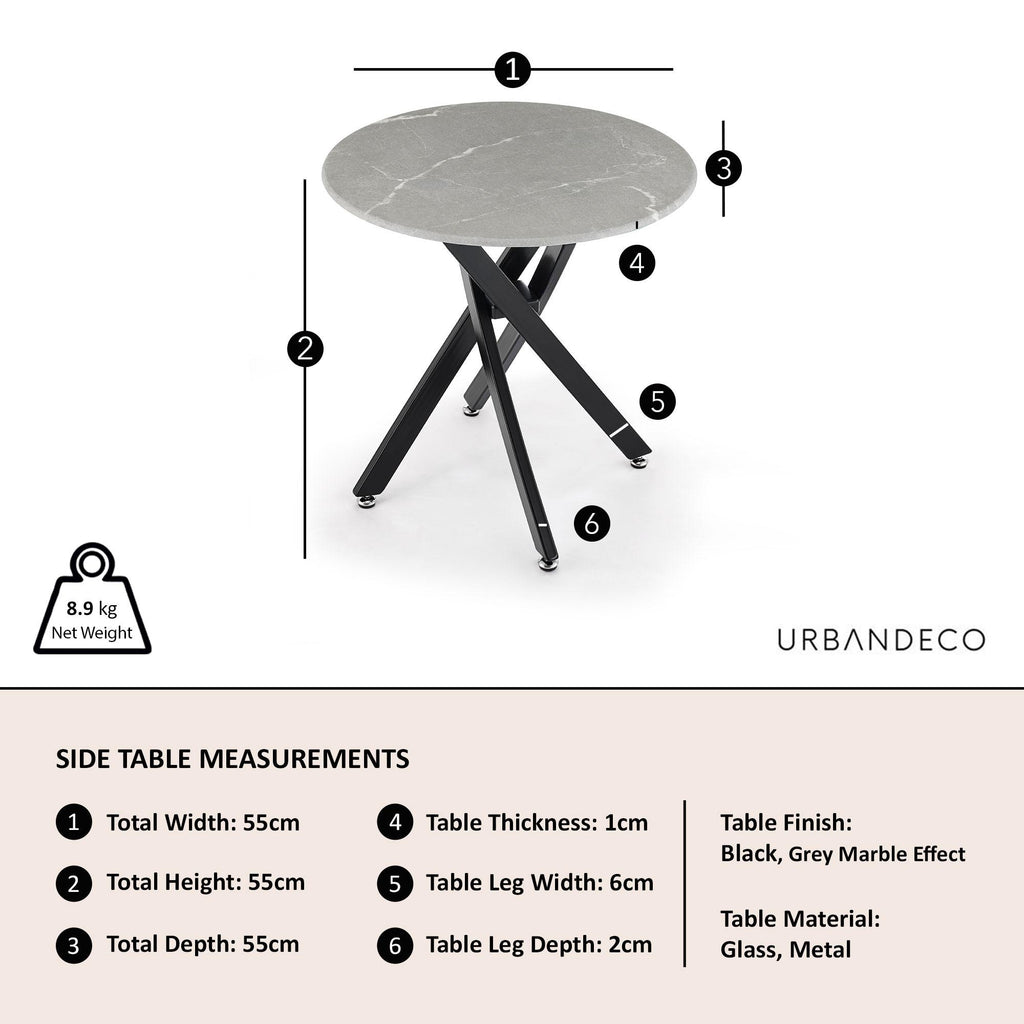 Sutton Grey Glass and Black Round Side Table - 55cm Tempered Top