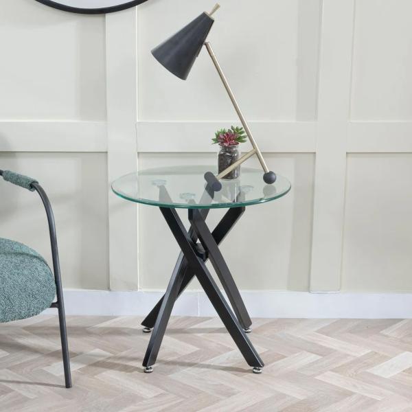 Sutton Clear Glass and Black Round Side Table - 55cm Tempered Top