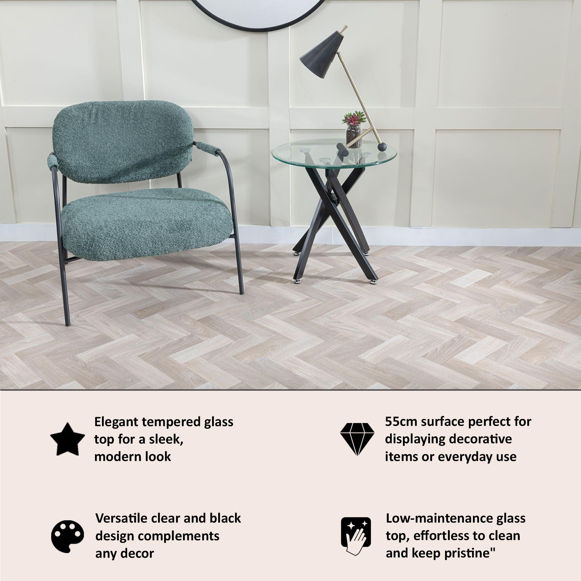 Sutton Clear Glass and Black Round Side Table - 55cm Tempered Top