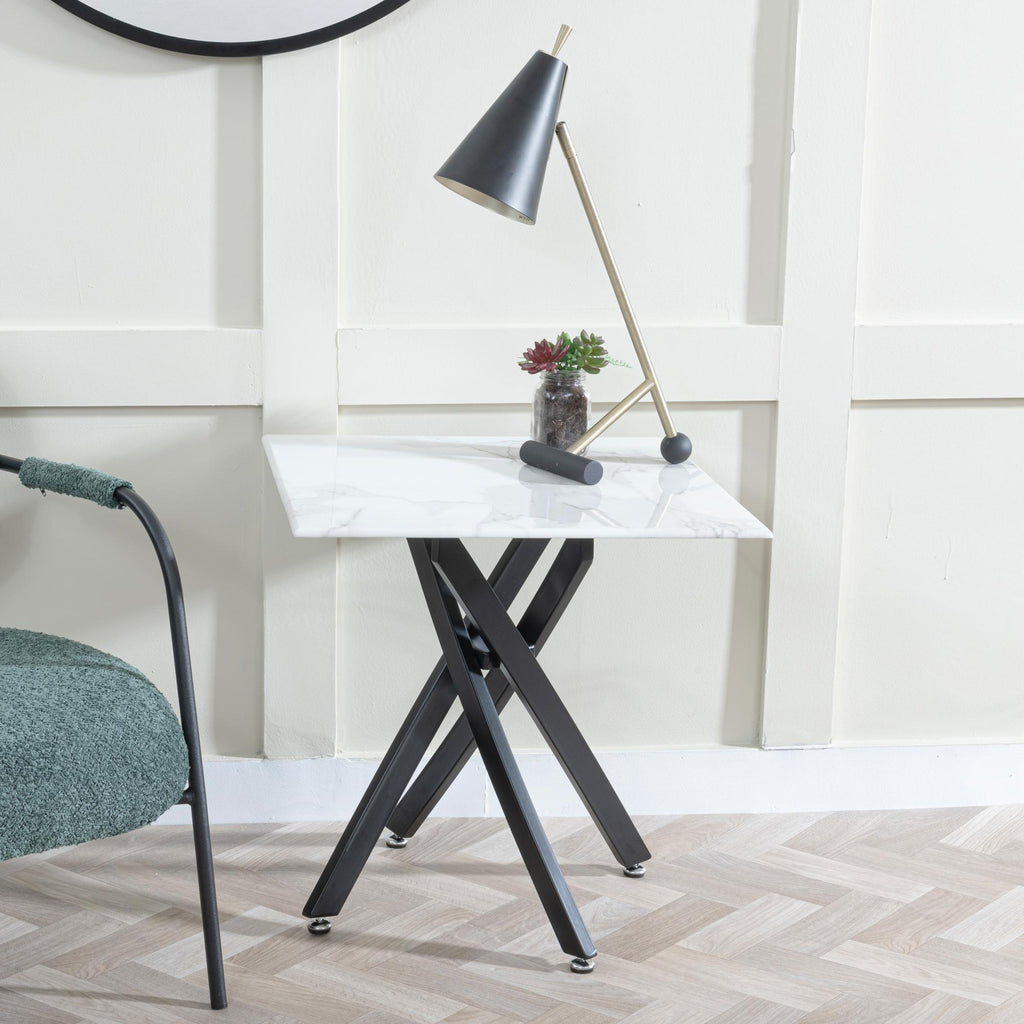 Sutton White and Black Square Side Table - 55cm Glass Top with Marble Effect