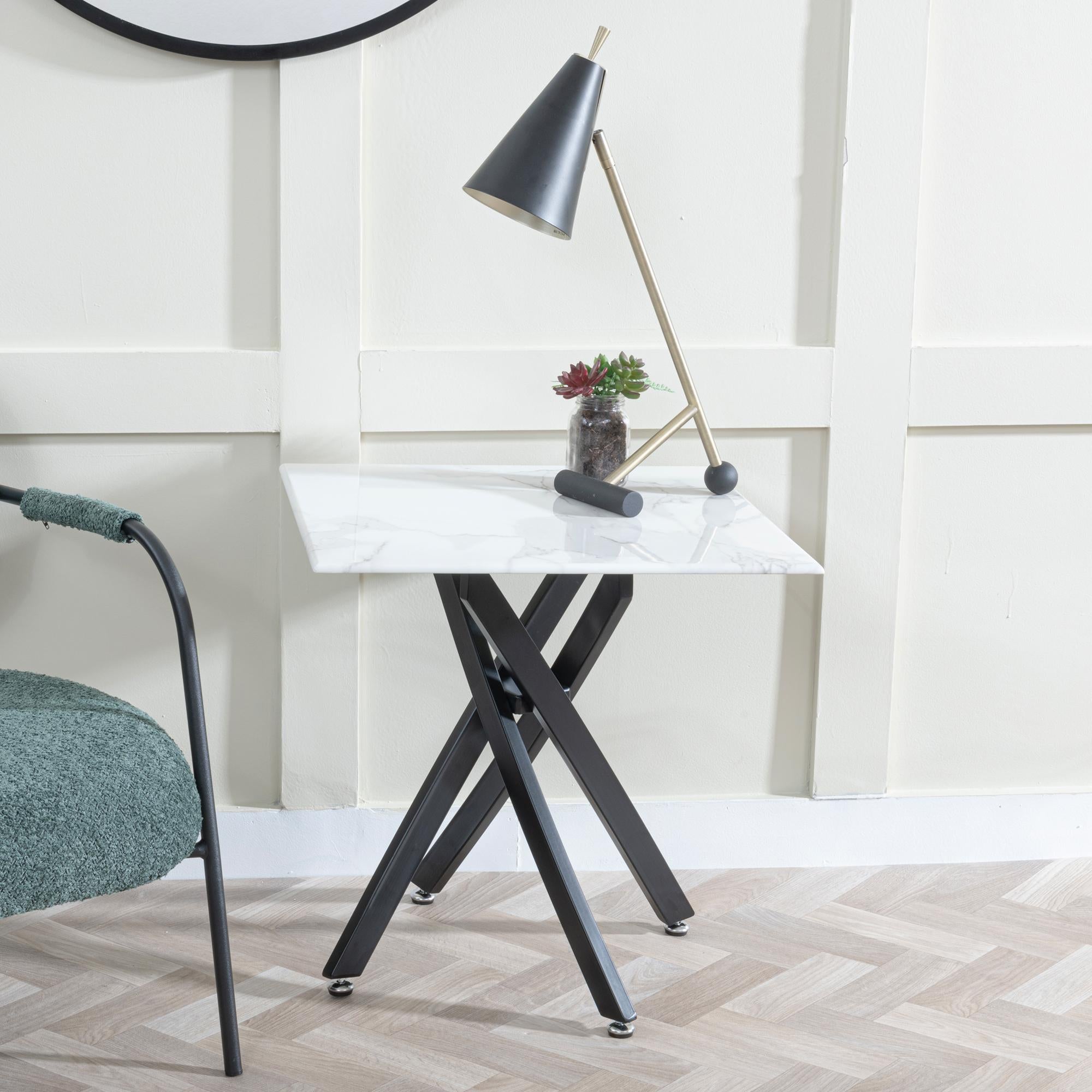 Sutton White and Black Square Side Table - 55cm Glass Top with Marble Effect