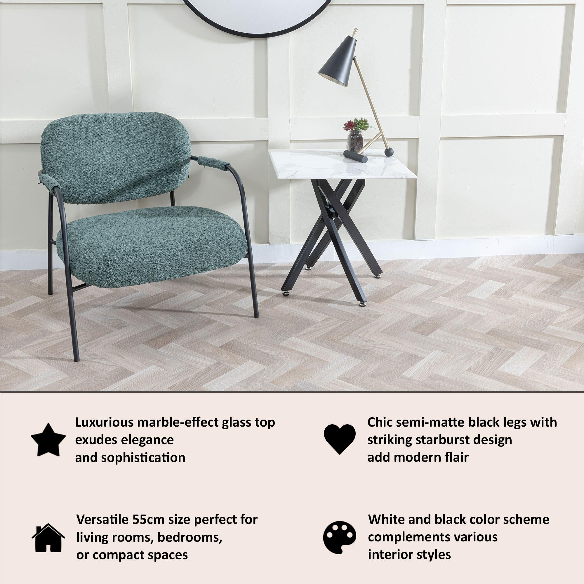 Sutton White and Black Square Side Table - 55cm Glass Top with Marble Effect