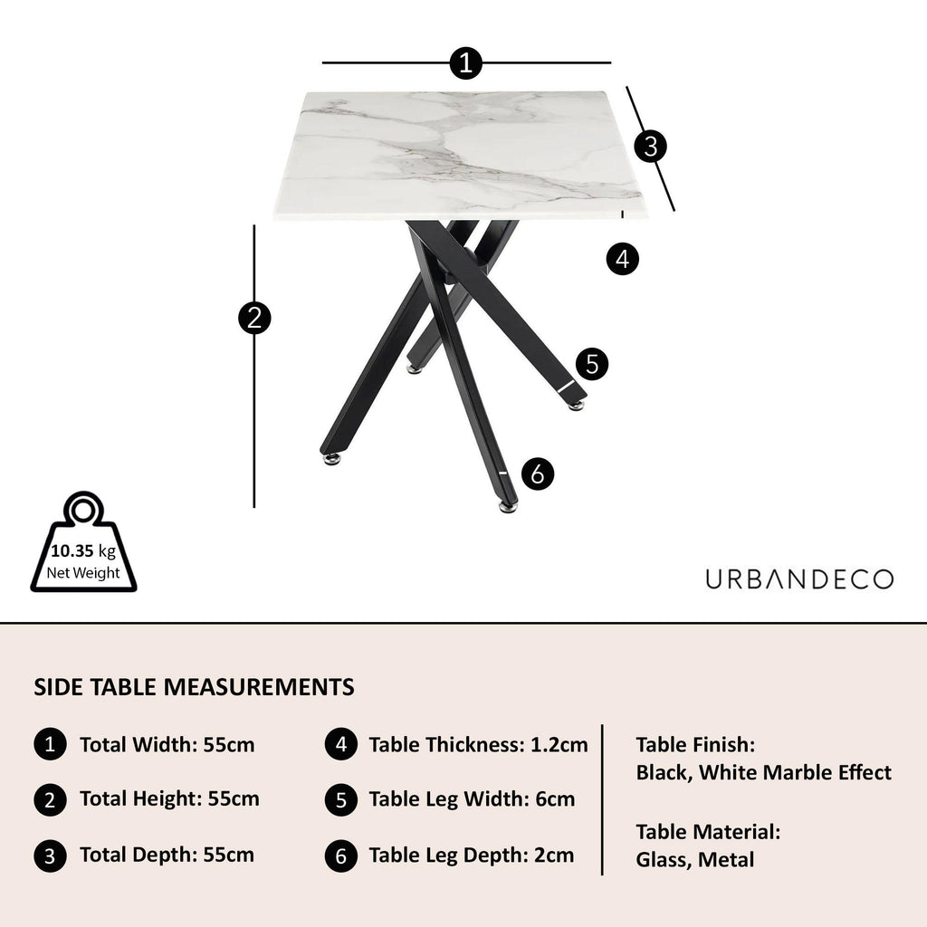 Sutton White and Black Square Side Table - 55cm Glass Top with Marble Effect