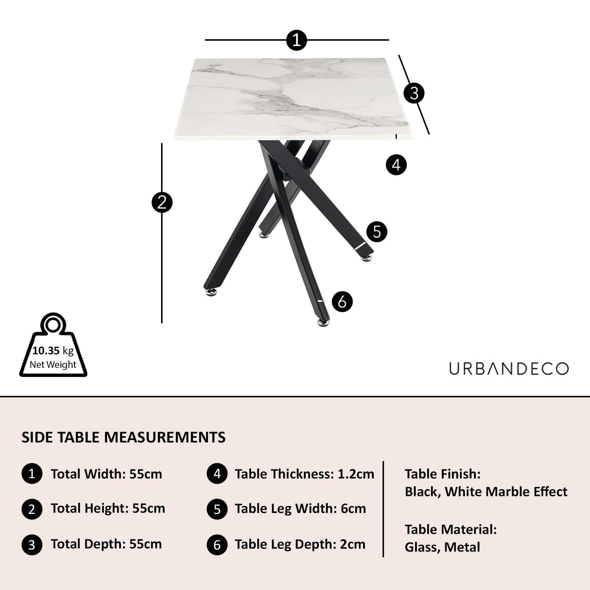 Sutton White and Black Square Side Table - 55cm Glass Top with Marble Effect