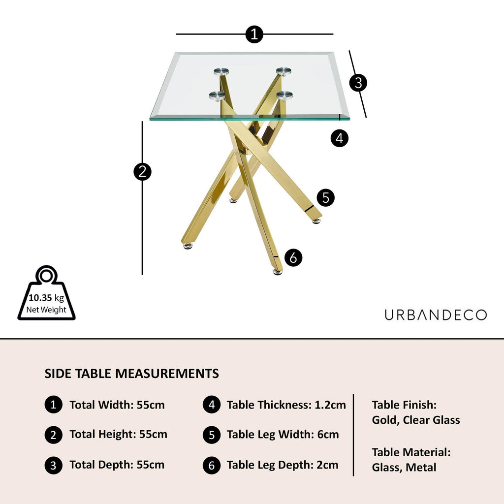 Sutton Clear Glass and Gold Square Side Table - 55cm Tempered Top