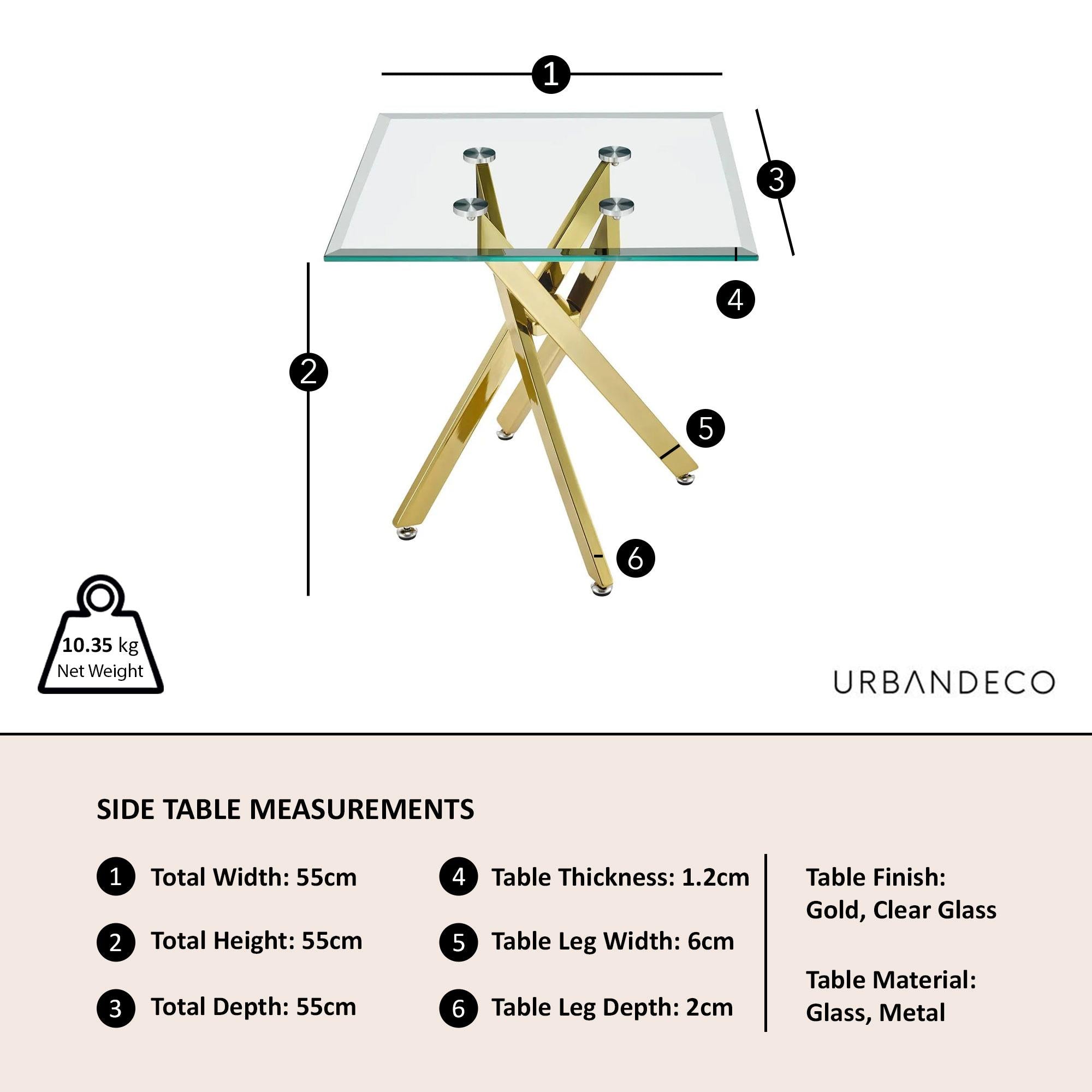 Sutton Clear Glass and Gold Square Side Table - 55cm Tempered Top