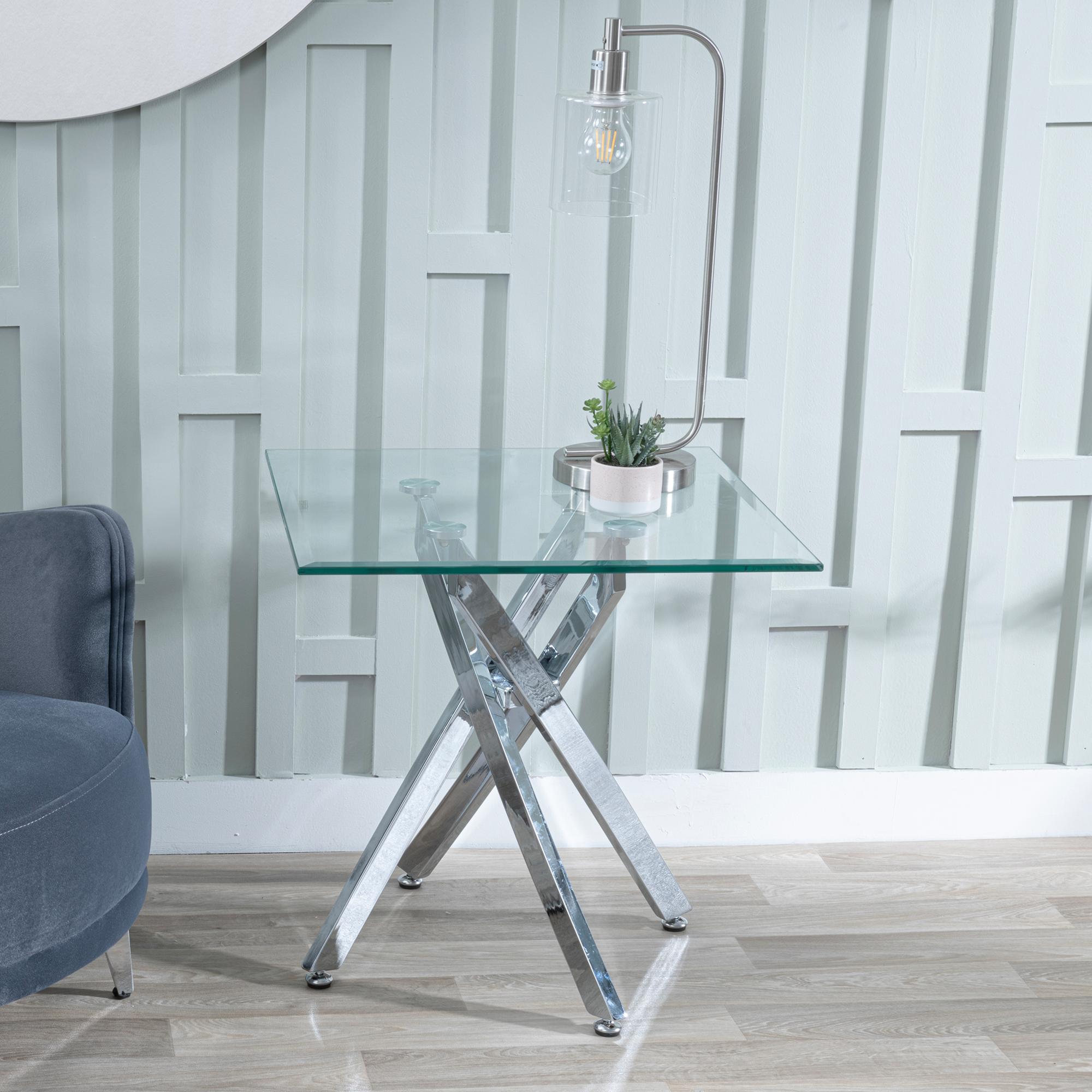 Sutton Clear Glass and Chrome Square Side Table - 55cm Tempered Top