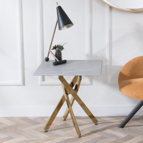 Sutton Grey and Gold Square Side Table - 55cm Glass Top with Concrete Effect