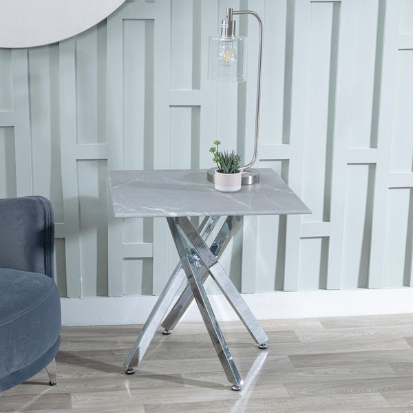 Sutton Grey and Chrome Square Side Table - 55cm Glass Top with Concrete Effect