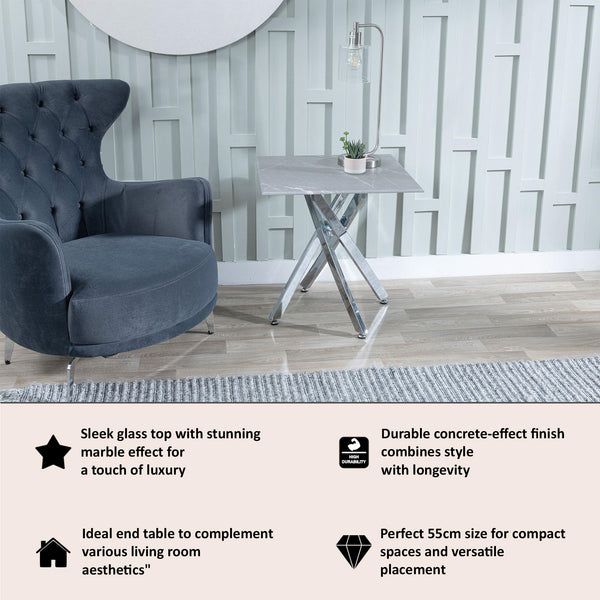 Sutton Grey and Chrome Square Side Table - 55cm Glass Top with Concrete Effect