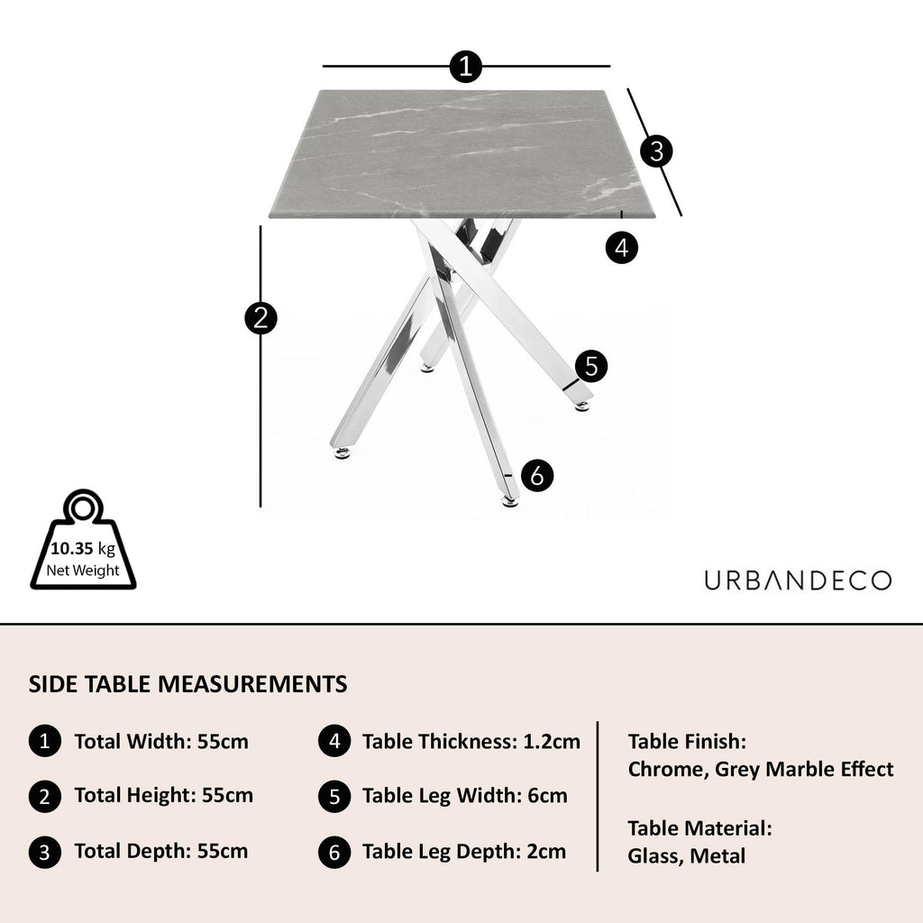 Sutton Grey and Chrome Square Side Table - 55cm Glass Top with Concrete Effect
