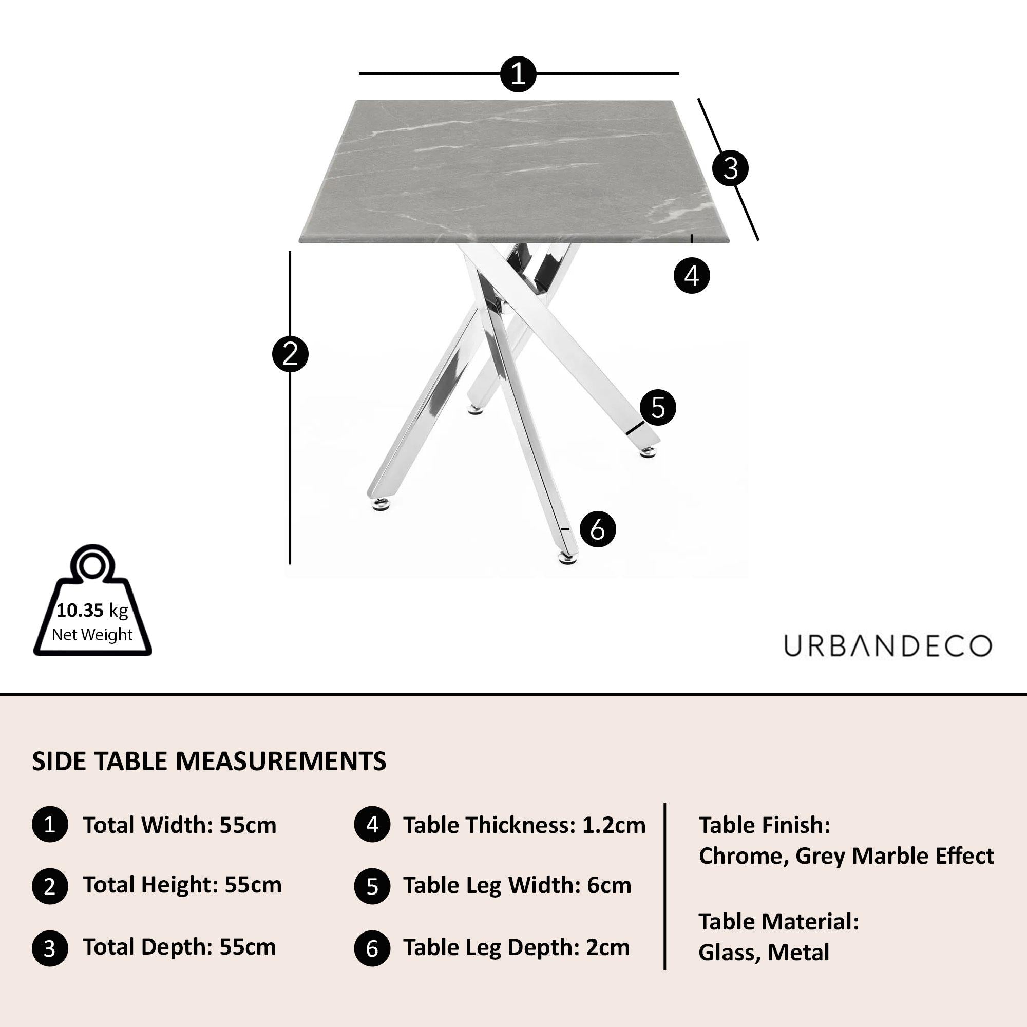 Sutton Grey and Chrome Square Side Table - 55cm Glass Top with Concrete Effect