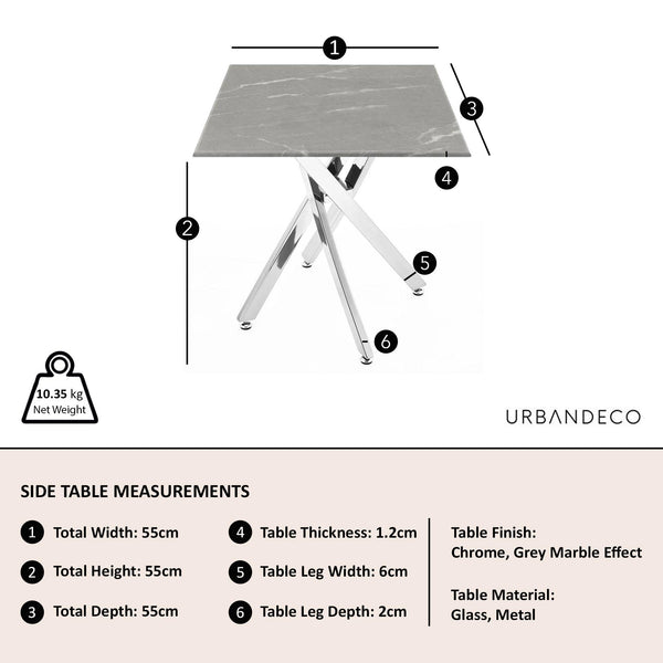 Sutton Grey and Chrome Square Side Table - 55cm Glass Top with Concrete Effect