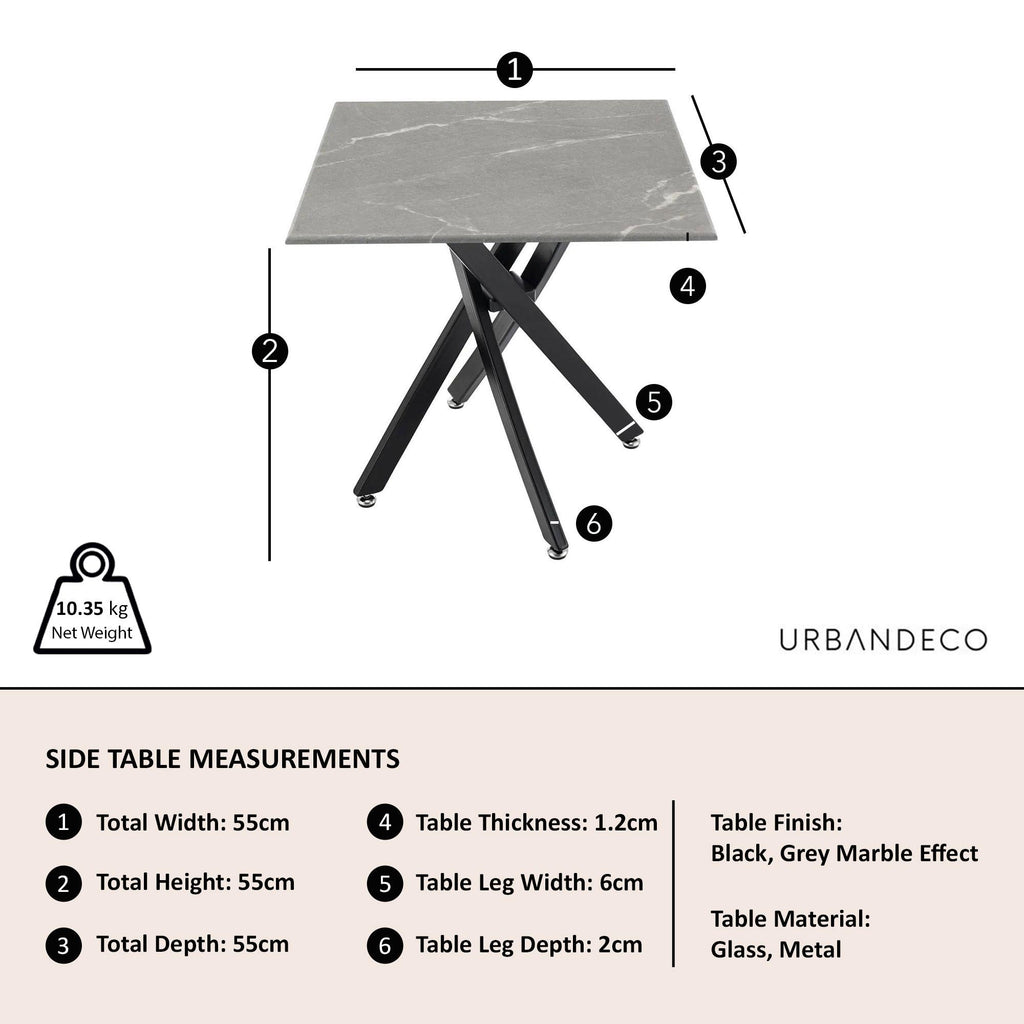 Sutton Grey and Black Square Side Table - 55cm Glass Top with Concrete Effect