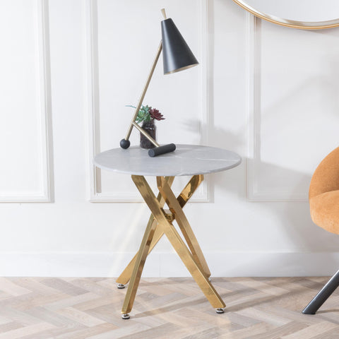 Sutton Grey and Gold Round Side Table - 55cm Glass Top with Concrete Effect