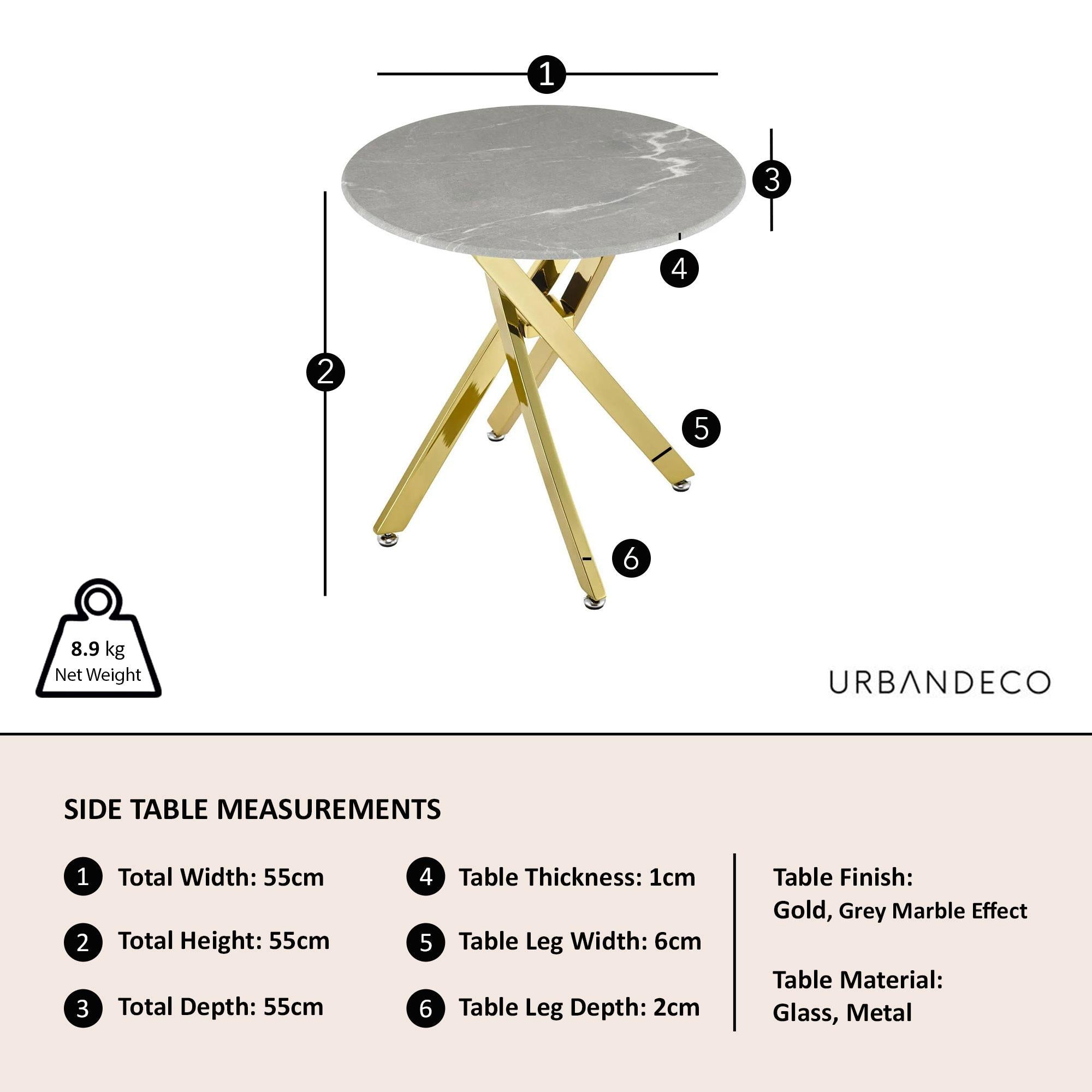 Sutton Grey and Gold Round Side Table - 55cm Glass Top with Concrete Effect