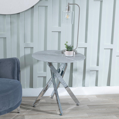 Sutton Grey and Chrome Round Side Table - 55cm Glass Top with Concrete Effect