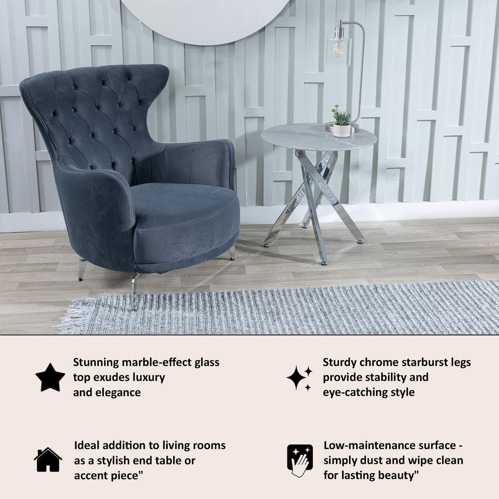 Sutton Grey and Chrome Round Side Table - 55cm Glass Top with Concrete Effect
