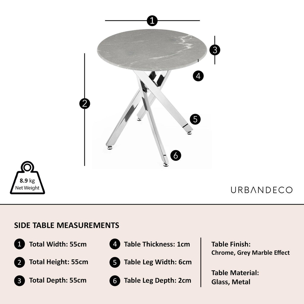 Sutton Grey and Chrome Round Side Table - 55cm Glass Top with Concrete Effect