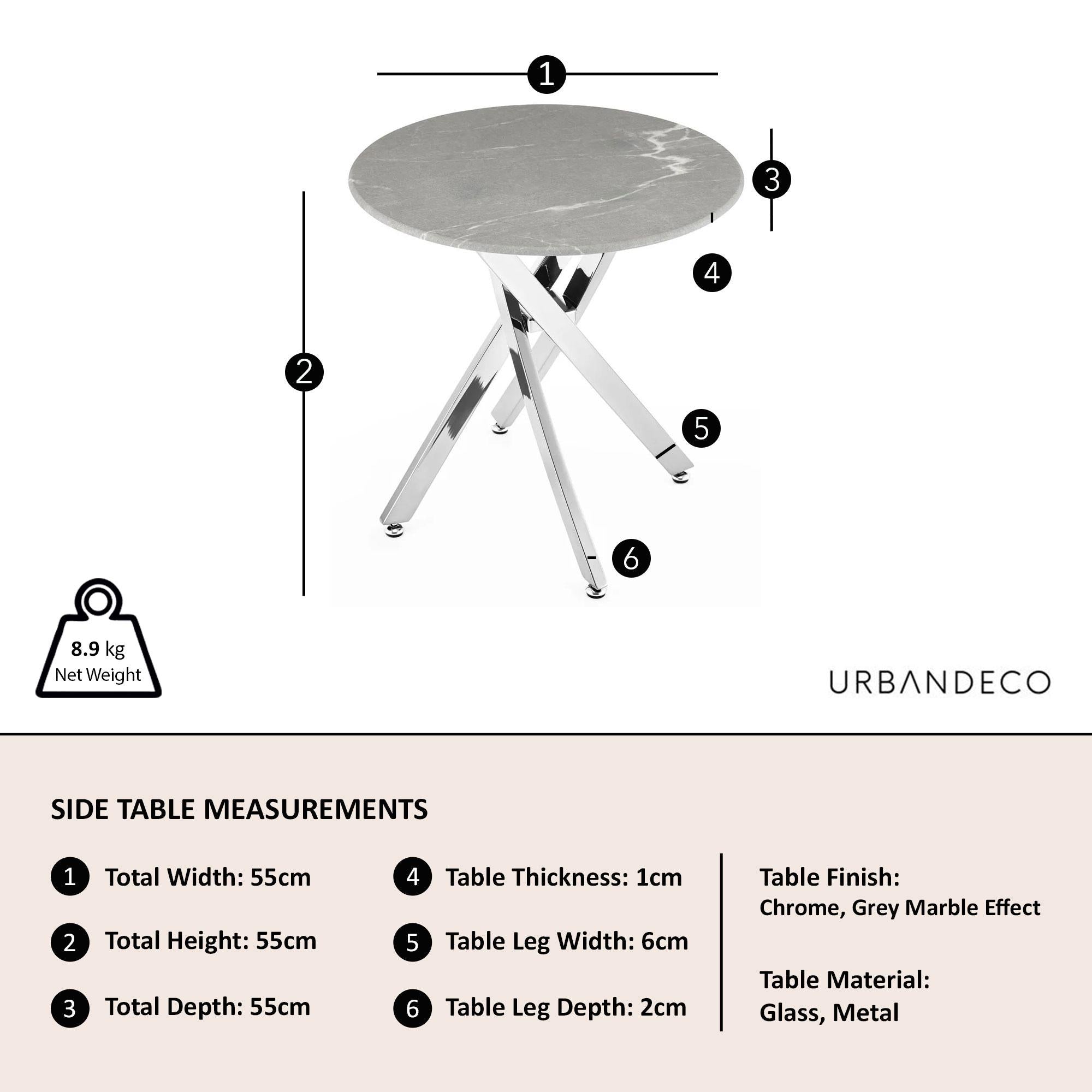Sutton Grey and Chrome Round Side Table - 55cm Glass Top with Concrete Effect