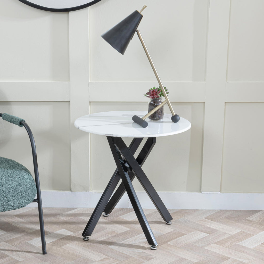 Sutton White and Black Round Side Table - 55cm Glass Top with Marble Effect