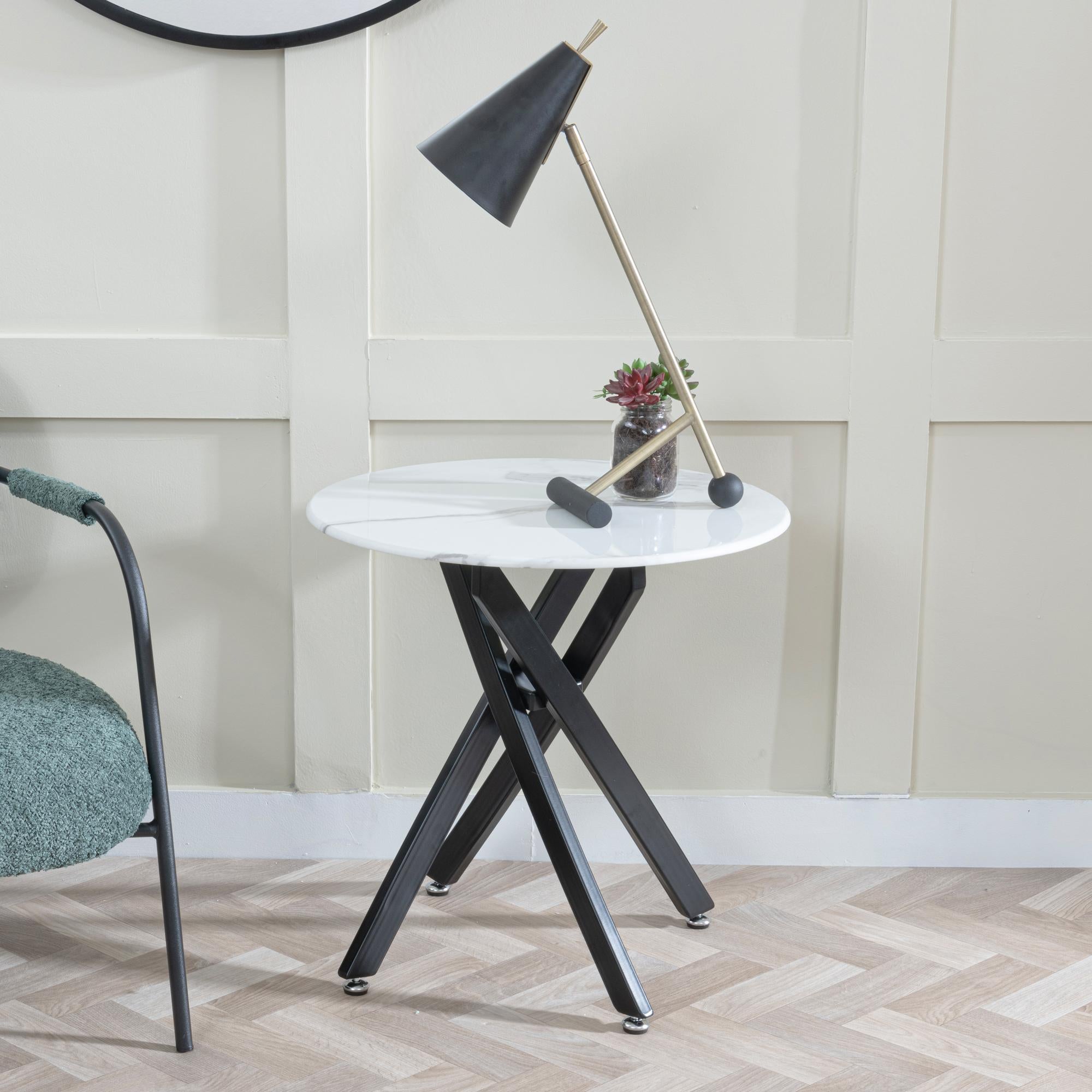 Sutton White and Black Round Side Table - 55cm Glass Top with Marble Effect