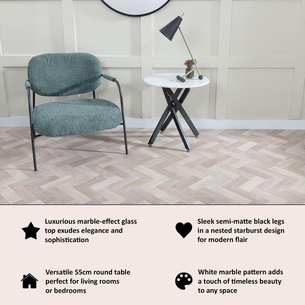 Sutton White and Black Round Side Table - 55cm Glass Top with Marble Effect