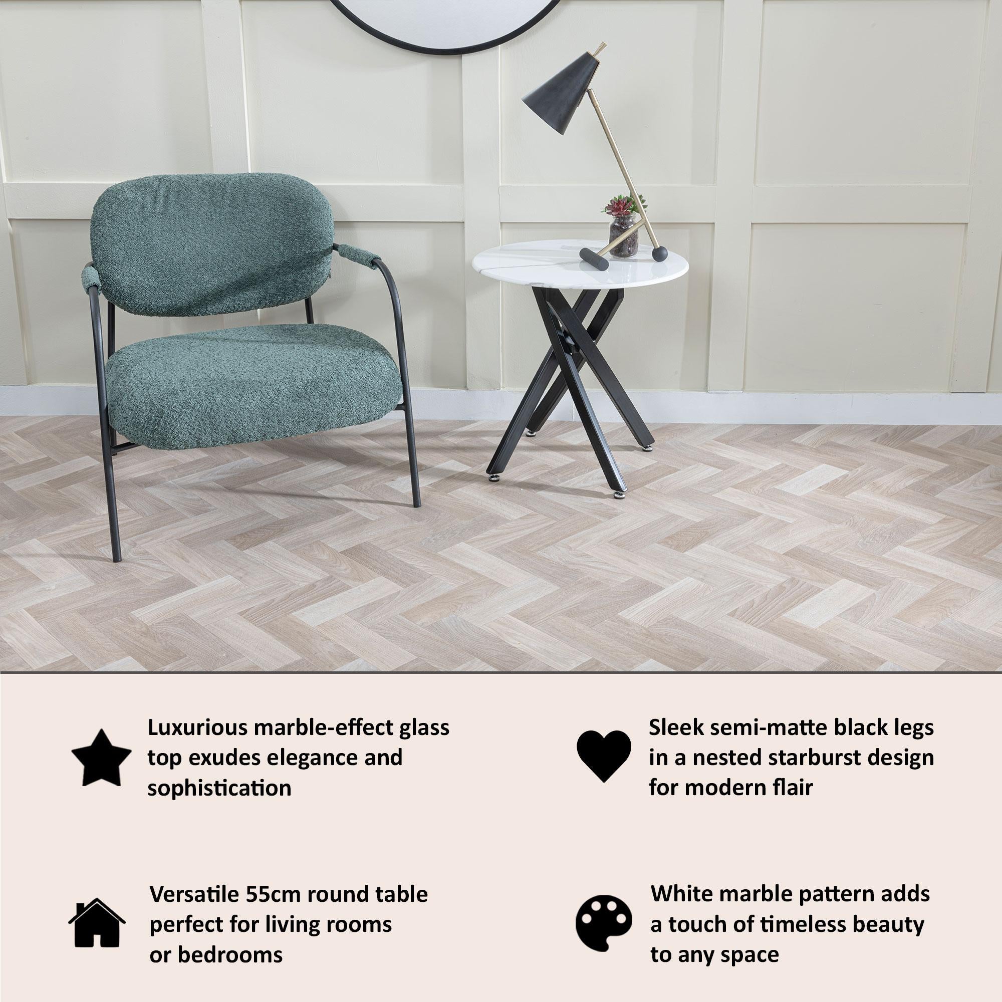 Sutton White and Black Round Side Table - 55cm Glass Top with Marble Effect
