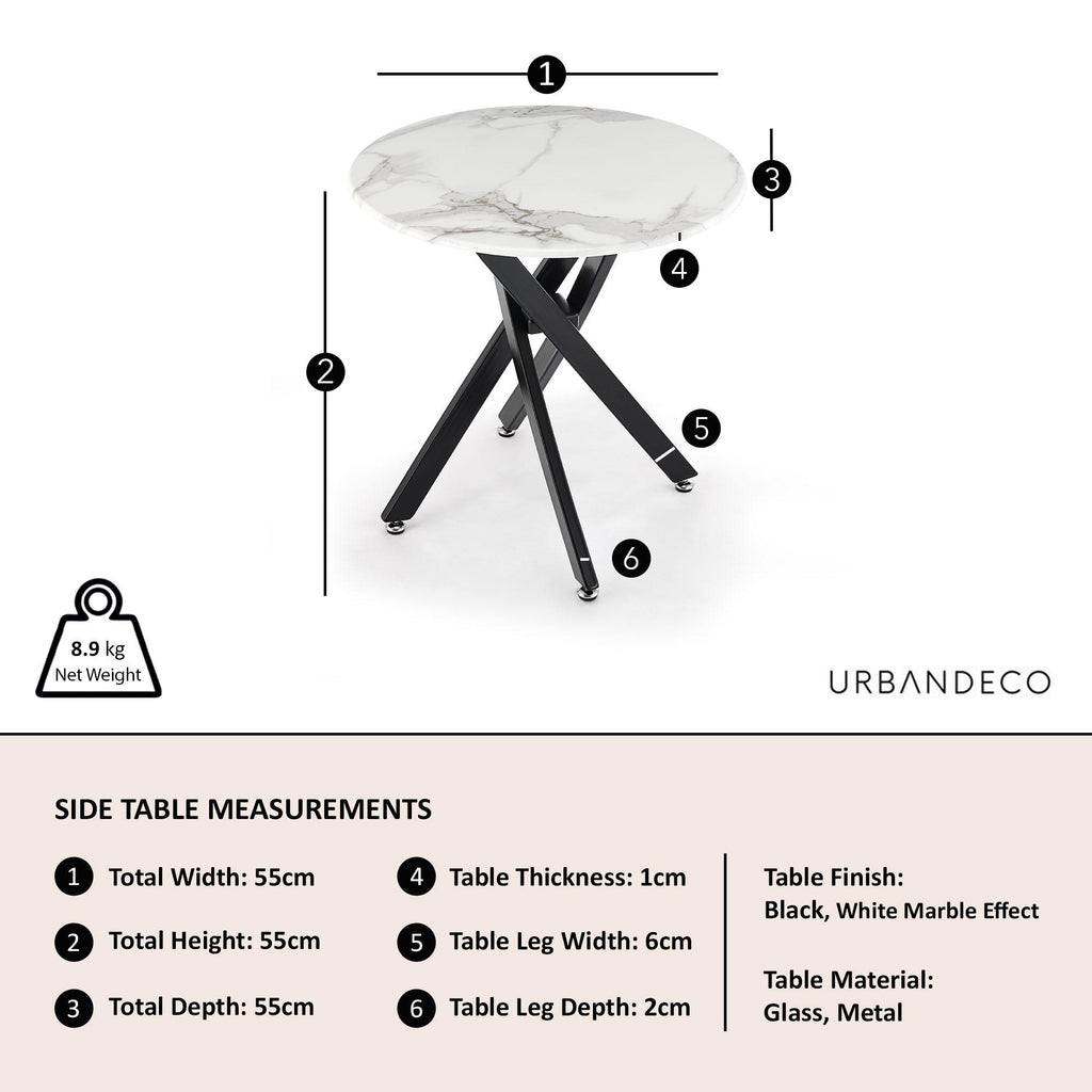 Sutton White and Black Round Side Table - 55cm Glass Top with Marble Effect