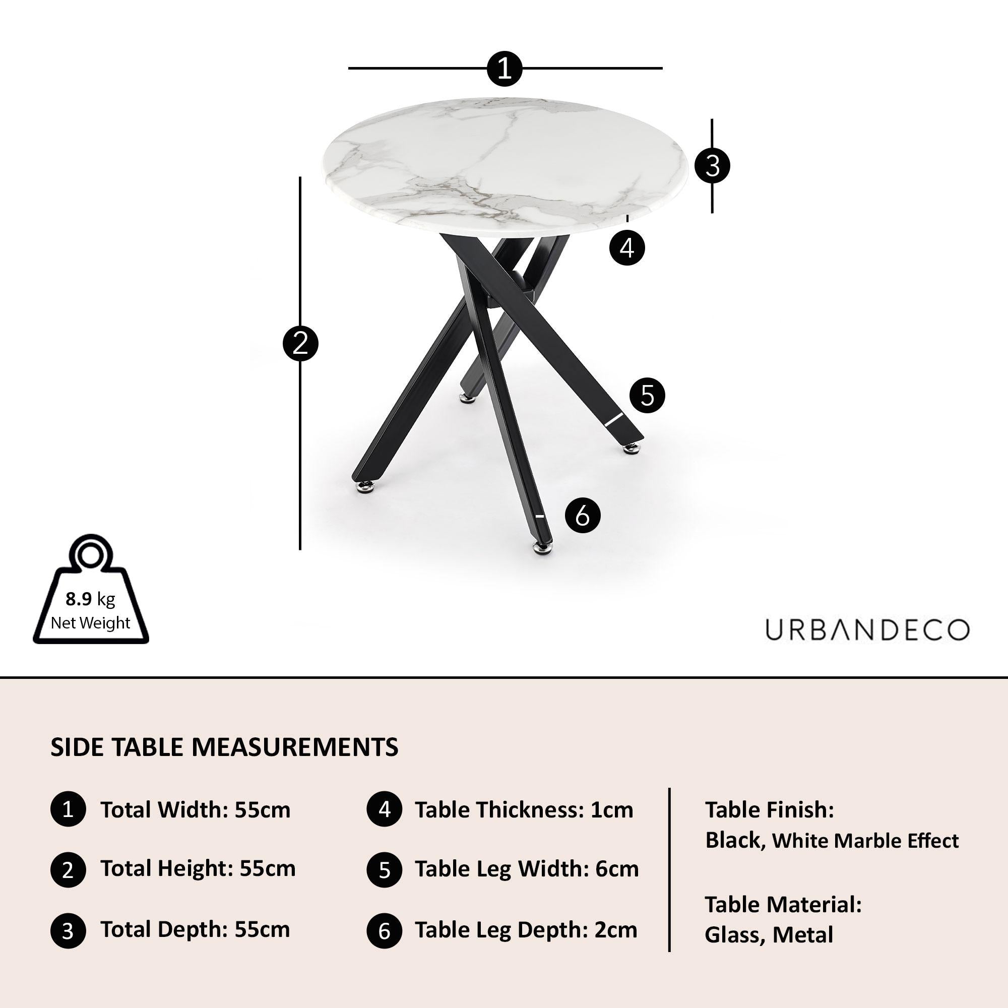 Sutton White and Black Round Side Table - 55cm Glass Top with Marble Effect