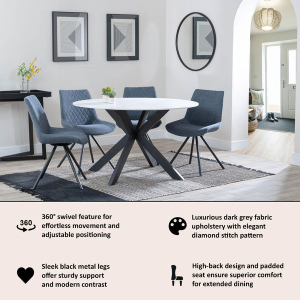 Elliot Dark Grey Fabric Swivel Dining Chair with Black Legs