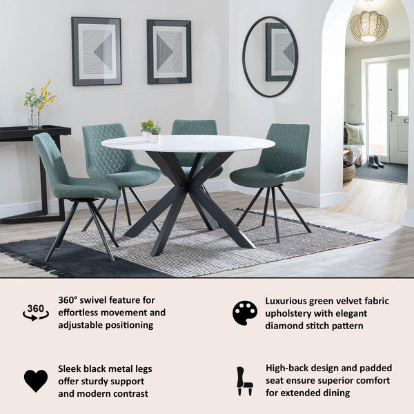 Elliot Green Fabric Swivel Dining Chair with Black Legs