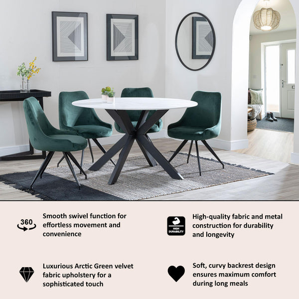 Harbo Green Velvet Fabric Swivel Dining Chair with Black Legs